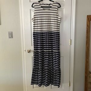 Lands’ End sleeveless maxi dress blue and white stripes.